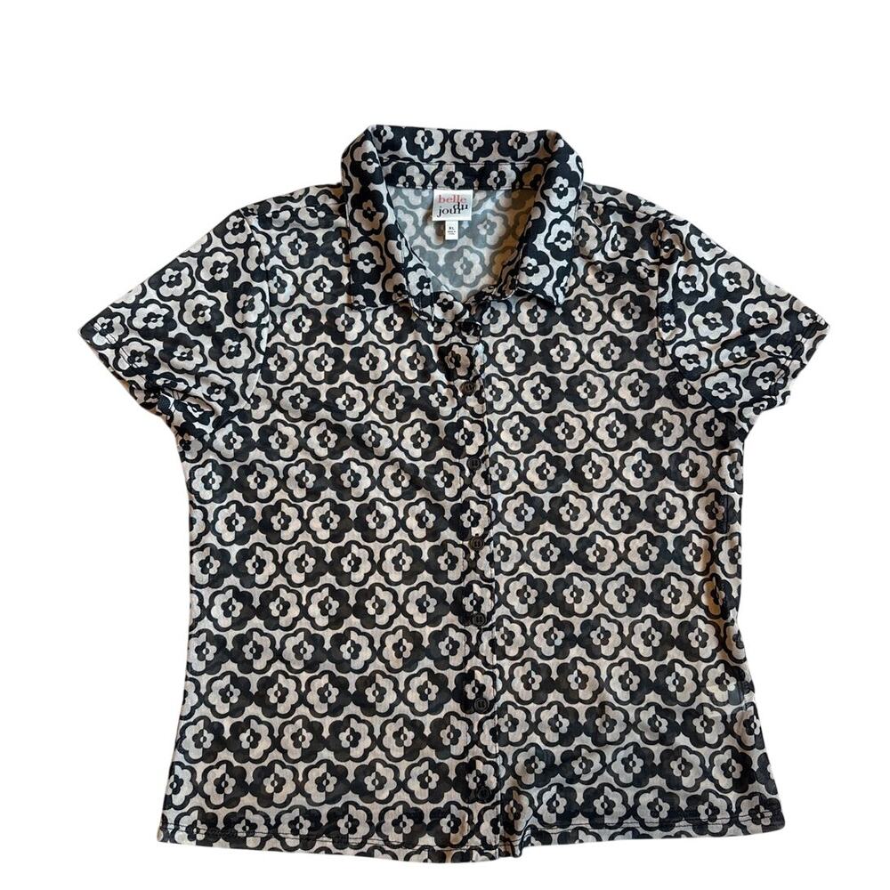Belle Du Jour black white floral cheer‎ short sleeve button up blouse SIZE XL